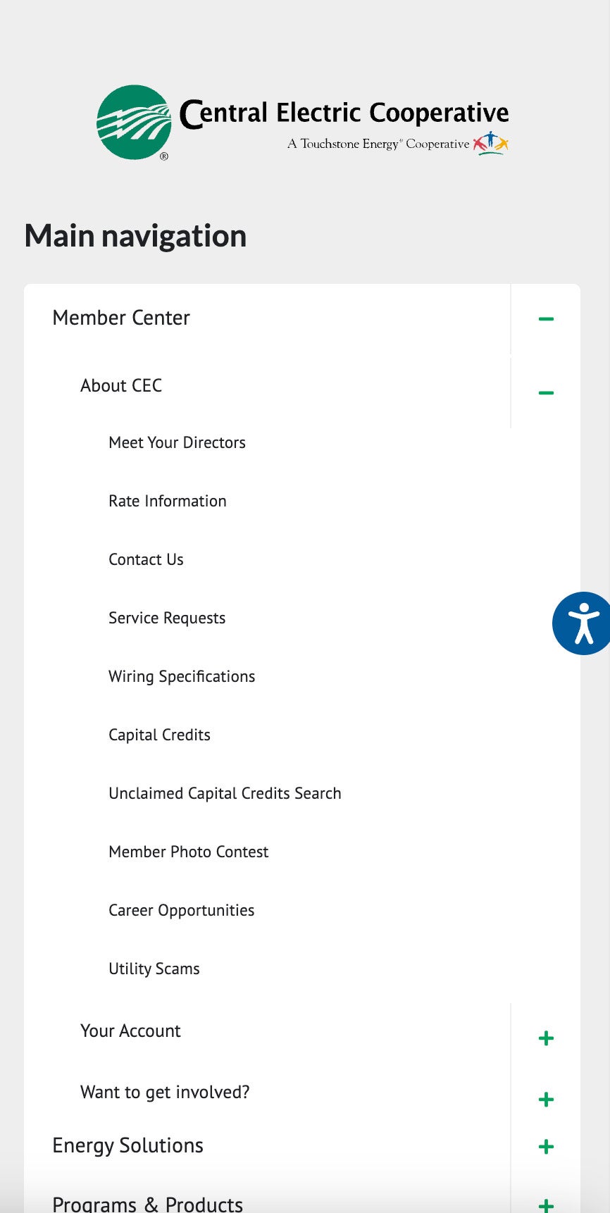 central.coop mobile menu slideout